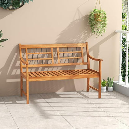 HAPPYGRILL Outdoor Acacia Wood Bench, 2-Person Patio Bench with Slatted Seat, Backrest & Armrests, 800 Lbs Max Load, Accent Patio Loveseat, Outside Bench for Garden Yard Lawn