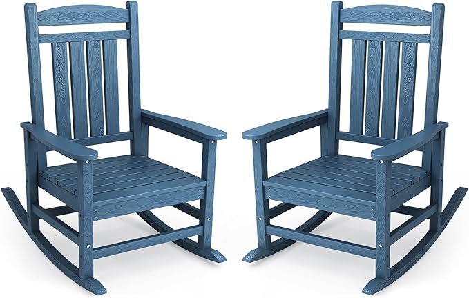 KINGYES Oversized Patio Rocking Chair Set of 2, HDPE Outdoor Rocking Chairs with 330lbs Support for Adults, Navy