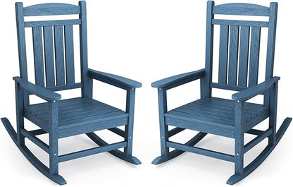KINGYES Oversized Patio Rocking Chair Set of 2, HDPE Outdoor Rocking Chairs with 330lbs Support for Adults, Navy