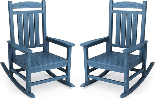 KINGYES Oversized Patio Rocking Chair Set of 2, HDPE Outdoor Rocking Chairs with 330lbs Support for Adults, Navy