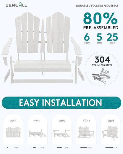 SERWALL Folding Adirondack Bench Set of 2, HDPE All-Weather 2-Person Adirondack Loveseat Bench, White