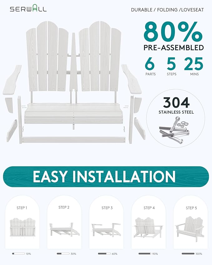 SERWALL Folding Adirondack Bench, HDPE All-Weather Adirondack Loveseat, 660 lbs Capacity - Photo 4