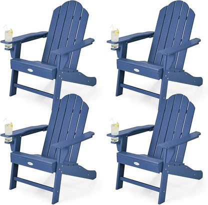 Tangkula Adirondack Chair Outdoor, Fade Resistant HDPE Armchairs with Cup Holder, Weather Resistant Lounger Chairs for Patio Garden Backyard Deck, Lawn Porch Seating, Adirondack Lounger (4, Navy)
