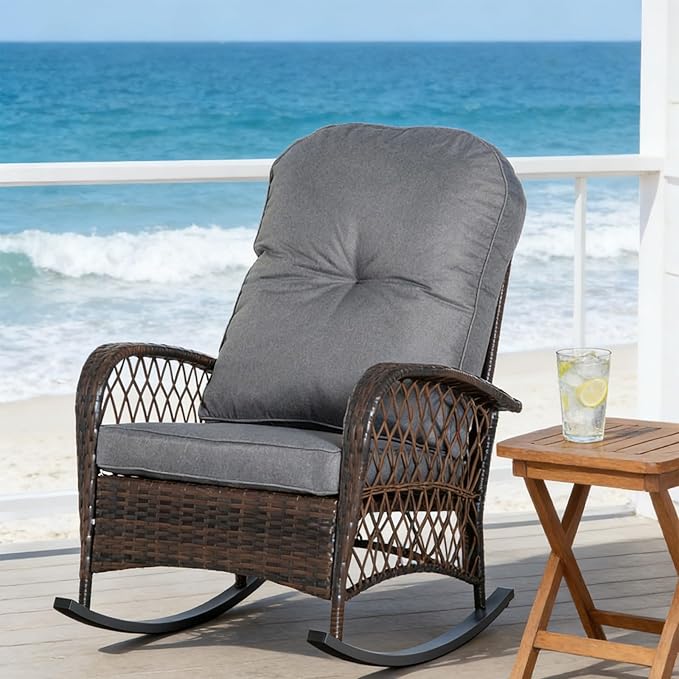 Outdoor Wicker Rocking Chair, PE Rattan Patio Rocker with Cushioned Removable Washable Covers for Porch, Garden, Backyard, Balcony(Gray)