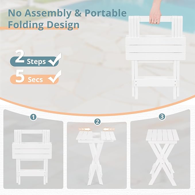 LUE BONA 27 inch Folding Side Table, HDPS Outside End Table for Patio, Porch, Deck, Pool, Weather Resistant, White - Photo 5