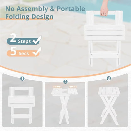 LUE BONA 27 inch Folding Side Table, HDPS Outside End Table for Patio, Porch, Deck, Pool, Weather Resistant, White