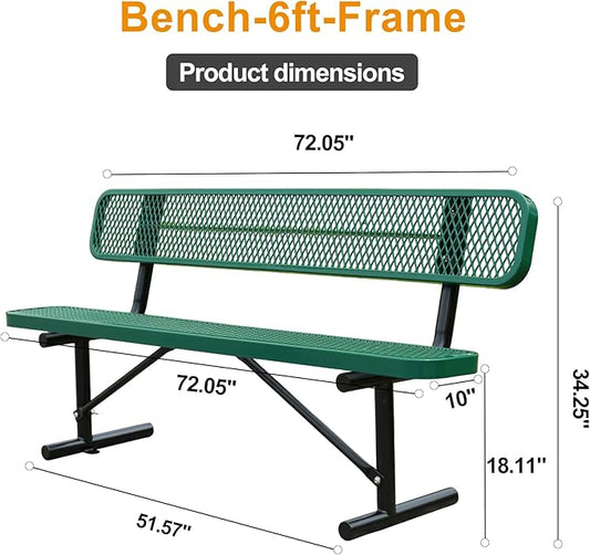 6 ft Outdoor Park Bench – Heavy-Duty Steel Frame & Rust-Resistant Thermoplastic Coating, Suitable for Gardens, Courtyards, Campuses, Commercial Spaces (Green, 6ft)