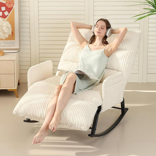 Oversized Rocking Chair with Adjustable Backrest and Footrest, Outdoor Reading Chair - Chaise Lounge Chair Indoor, Comfy Corduroy Rocking Chair for Patio, Porch, Balcony, Living Room