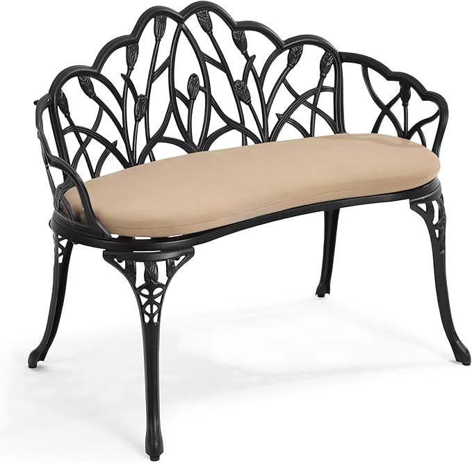 Outdoor Bench with Cushion, Cast Aluminum Double Seating with Backrest and Armrests, Mental Outdoor Furniture for Patio, Porch, Garden, Park, Black Tulip