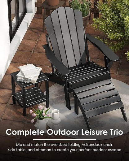 GREENVINES Oversized-Folding-Adirondack-Chairs-Set-of-2 | HDPE Plastic | Cup Holder | Fire Pit Chair | All Weather | for Outdoor Deck Backyard | Black