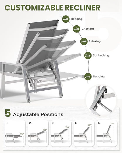 Patio Chaise Lounge Chair Outdoor with Wheels&Armrests, Aluminum Pool Lounge Chairs 5-Position Adjustable Recliner, Outdoor Beach Lounge Chairs for Poolside, Patio, Deck, Yard, Dark Gray