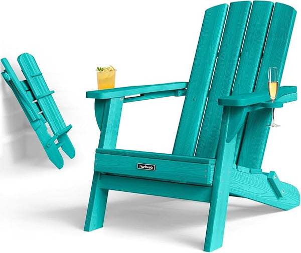 Folding Adirondack Chair with Wood Texture, Plastic Adirondack Chairs with 2 Cup Holder - Photo 1