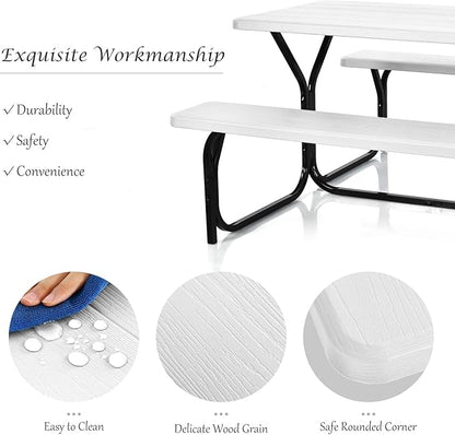 Giantex Picnic Table Bench Set Outdoor Camping All Weather Metal Base Wood-Like Texture Backyard Poolside Dining Party Garden Patio Lawn Deck Large Camping Picnic Tables for Adult (White)