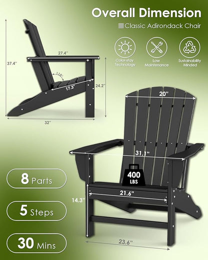 GREENVINES Adirondack Chairs Set of 2 | HDPE Plastic | Oversized Fire Pit Chair | All Weather | Black | Poly Lumber | for Outdoor Deck Backyard Patio Garden