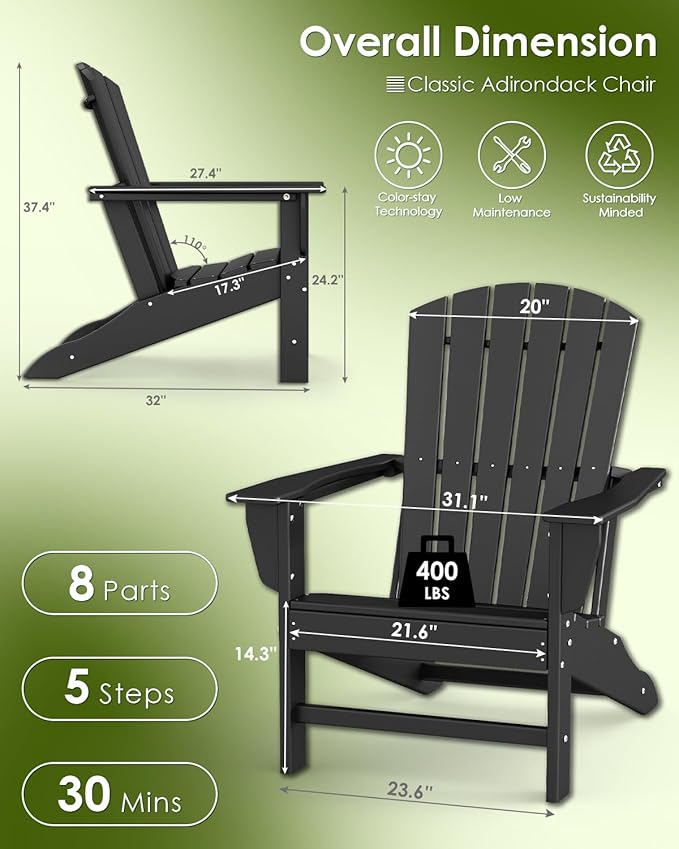 GREENVINES Adirondack Chair | HDPE Plastic | Oversized Fire Pit Chairs | All Weather | Black | Poly Lumber | for Outdoor Deck Backyard Patio Garden