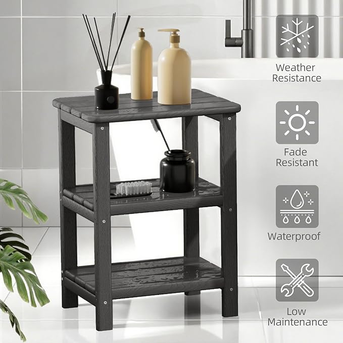 3 Tier Outdoor Side Table Adirondack Side Table HDPE End Table Patio Side Table Rectangle Tables for Outdoor Backyard Garden Balcony (Retro, Grey)