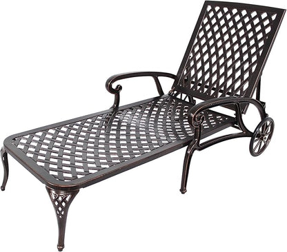 KEIKI Chaise Lounge Chair Outdoor, Aluminium Cast Patio Chaise Lounge with Adjustable Backrest and Moveable Wheels, Outside Tanning Chair, Brown (Side Table Not Included)