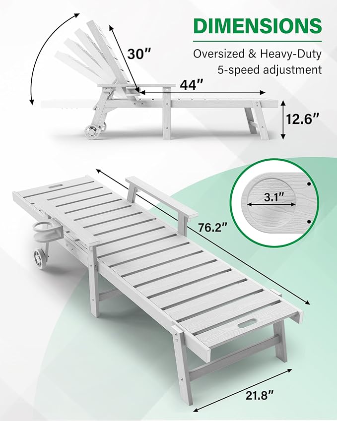 YEFU Lounge Chair Outdoor Set of 2: Outdoor Chaise Lounge with 5-Level Adjustable Backrest, Cup Holders & Wheels, All-Weather Resistance Chaise Lounge for Outside/Patio/Beach/Deck, White