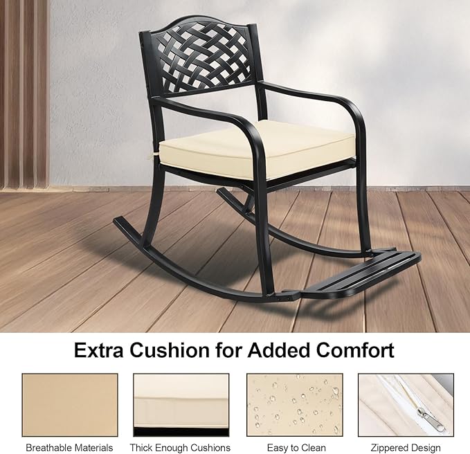 Outdoor Metal Rocking Chair with Cushion, Patio Rocking Bench for Garden, Porch, Balcony, Rocker for Outside Lawn - Photo 6