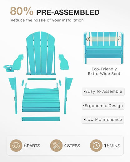 Folding Adirondack Chair, Patio Chair Wood Texture, Outdoor Chair Weather Resistant, Fire Pit Chair with Cup Holder, Composite Adirondack Chair Set of 2(Lake Blue)
