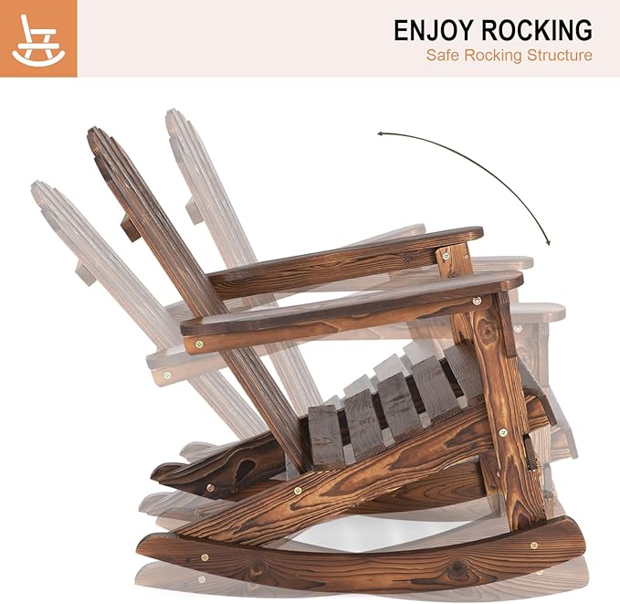 Wood Patio Adirondack Rocking Chair Rustic Wooden Rocker Chair High Backrest for Porch, Poolside and Garden
