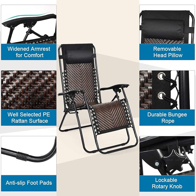 Tangkula Patio Rattan Zero Gravity Lounge Chair, Outdoor Folding Lounge Chair w/Removable Head Pillow, Adjustable Lounge with Widened Armrest & Locking System for Balcony Yard Poolside (2, Coffee)