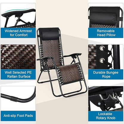 Tangkula Patio Rattan Zero Gravity Lounge Chair, Outdoor Folding Lounge Chair w/Removable Head Pillow, Adjustable Lounge with Widened Armrest & Locking System for Balcony Yard Poolside (2, Coffee)