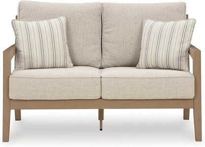 Signature Design by Ashley Hallow Creek Cottage Nuvella Weather Resistant Fabric Outdoor Loveseat with Cushion and 2 Throw Pillows, Light Brown & Beige
