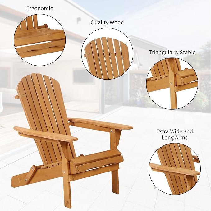 YRLLENSDAN Folding Adirondack Chair - Weather Resistant Plastic Outdoor Chairs for Patio, Lawn, Garden, or Fire Pit - Cozy Plastic Adirondack Chair for Outside Seating (1, Natural)