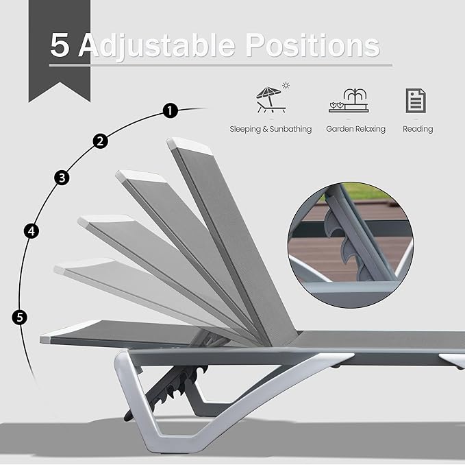Domi Outdoor Chaise Lounge Chair, Aluminum Patio Lounge Chair with 5 Position Adjustable Backrest and Side Table, for Poolside, Beach, Yard(1 Grey Chair W/Table)