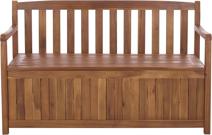 SAFAVIEH Outdoor Patio Furniture Collection – Kelter Solid Teak Wood Bench Box with Storage, Slatted Design, Versatile Indoor/Outdoor Seating (PAT6813A)