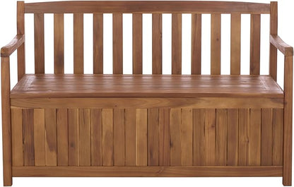 SAFAVIEH Outdoor Patio Furniture Collection – Kelter Solid Teak Wood Bench Box with Storage, Slatted Design, Versatile Indoor/Outdoor Seating (PAT6813A)