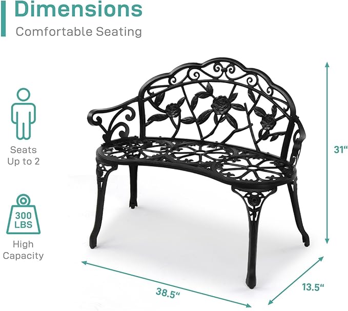 38.5” Outdoor Porch Bench with Hollow Rose Design,Elegant Garden Bench Park Bench for Backyard,Iron Bench with Arms