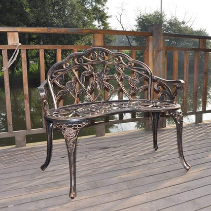 Outdoor Bench Steel Garden Patio Porch Loveseat Bench for Lawn, Park, Deck Seating w/Floral Rose Accent, Antique Finish - Bronze