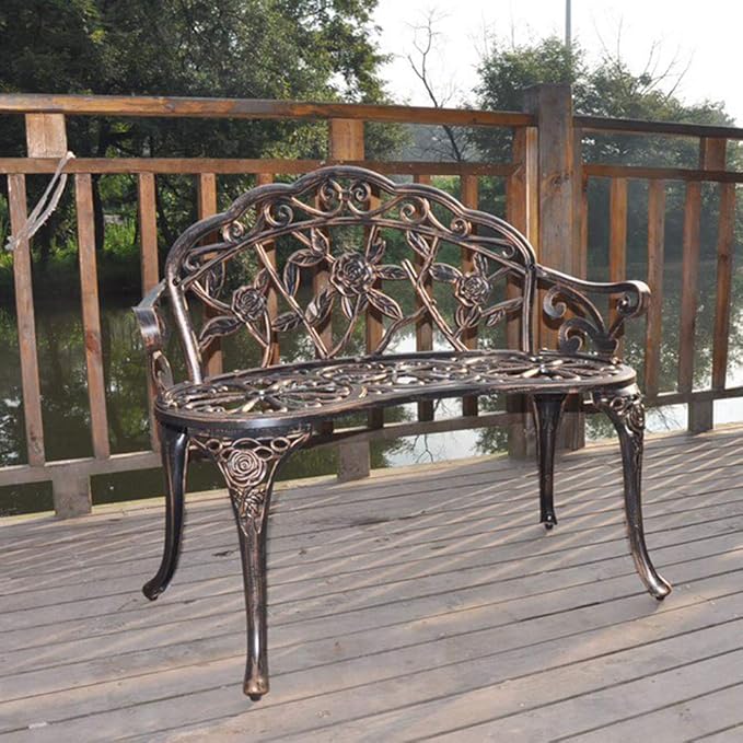 38.5" Cast Aluminum Outdoor Bench - Outdoor Bistro Patio Garden Decor, Heavy-Duty Weather-Resistant Metal Side Chair for Courtyard, Balcony, Poolside (Antique Bronze)