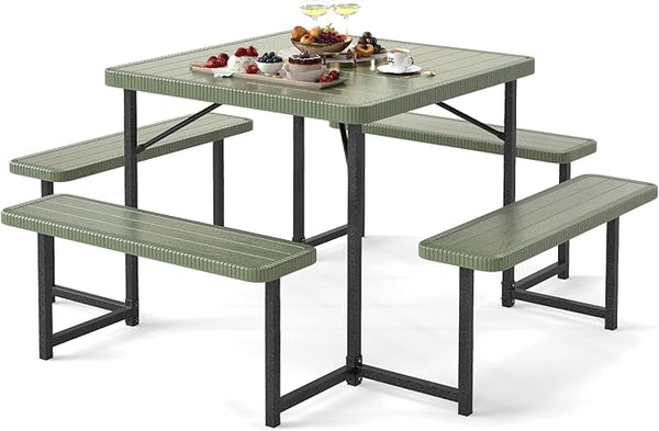 Giantex Picnic Table Bench Set for 4-8 People, 34" Outdoor Square Dining Table & 2 Benches w/Umbrella Hole - Photo 1