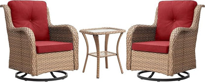 Rilyson Patio Chairs Rocking Swivel Chiar - 3 Piece Outdoor Wicker Patio Bistro Set Rattan Rocker Glider Chairs with High Back and Deep Seating for Outside Porch Deck Garden(Yellow/Red)