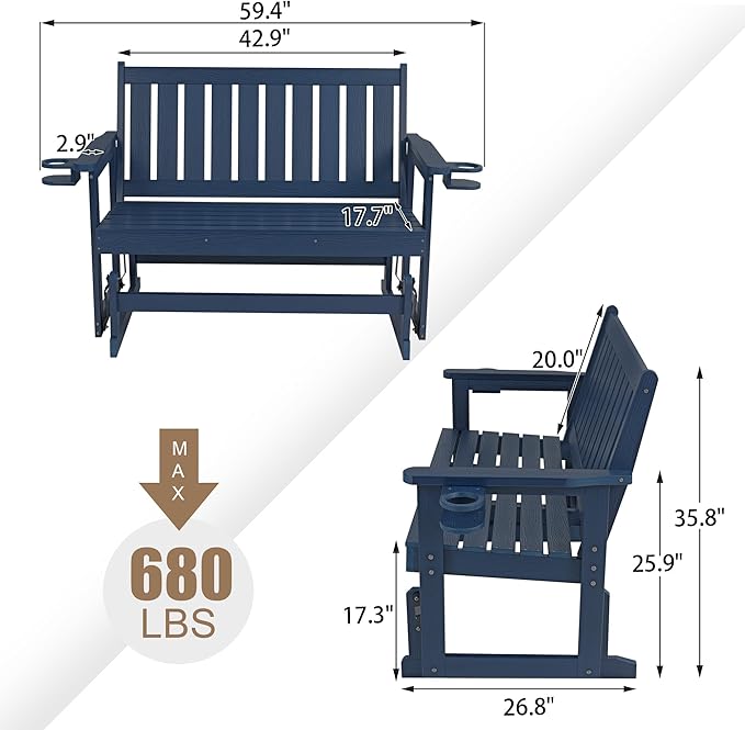 Poly Lumber Patio Glider, Durable HIPS Material, Weather-Resistant Swing Bench for Outdoor Porch Garden (Navy Blue - Photo 2