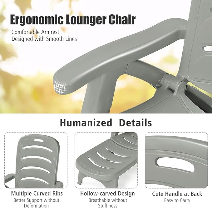 LDAILY Moccha Plastic Folding Lounge Chair, 5-Position Adjustable Chaise Lounge with 2 Rolling Wheels, Armrest, Outdoor Chaise Chair for Patio, Beach, Backyard, Poolside, Home (1, Grey)