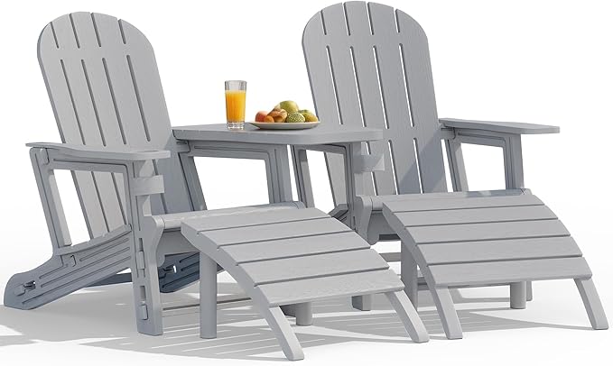 Vongrasig Adirondack Chairs Set of 2 with Removable Tabletop and Footrest, All-Weather HDPE Outdoor Chair Set with Wooden Textured, Cup Holder for Patio, Poolside, Deck, Garden, Light Grey
