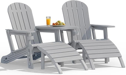 Vongrasig Adirondack Chairs Set of 2 with Removable Tabletop and Footrest, All-Weather HDPE Outdoor Chair Set with Wooden Textured, Cup Holder for Patio, Poolside, Deck, Garden, Light Grey