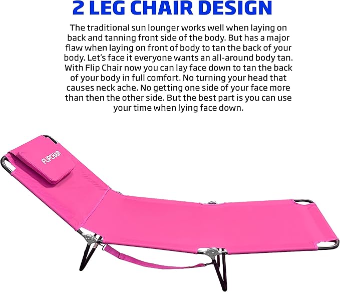 EASYGO PRODUCTS Lawn Chair Chaise Lounge 2 Legs Support Polyester Material Reclining Backrest Head Rest Pillow Great for Beach, Home, Backyard, Outdoor, Patio, Pool, Camping, Lawn or Deck Color Pink