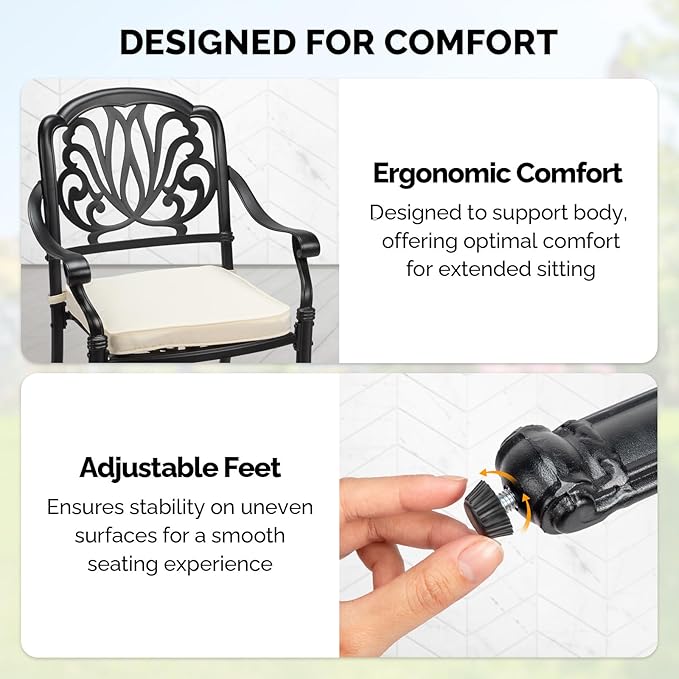 VINGLI Patio Chairs Set of 2 - Stackable Outdoor Cast Aluminum Dining Chairs with Vintage Black Finish and Floral Pattern, Metal Armchairs for Poolside, Backyard, Balcony (with Cushion)