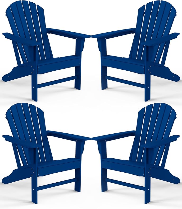 Farmhouse Adirondack Chair Set of 4, Poly Lumber Patio Chairs, Pre-Assembled Weather Resistant Outdoor Chairs for Pool, Deck, Backyard, Garden, Fire Pit Seating, Navy