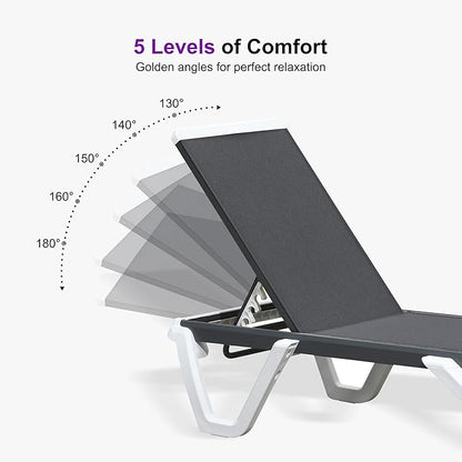PURPLE LEAF Outdoor Chaise Lounge Set of 2 Plastic Pool Lounge Chair with Aluminum Frame Stackable Patio Tanning Chairs for Poolside Sunbathing Beach Deck Yard, Grey