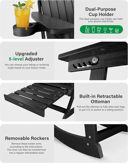YEFU Outdoor Rocking Chairs Set of 2, Adirondack Chair with Retractable Ottoman, Adjustable Adirondack Rocking Chair,Rockings Chairs Outside,Weather Resistant,for Patio,Porch,Lawn,Heavy Duty,Black