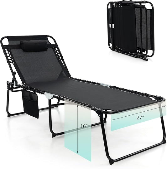 Giantex Lounge Chair Outdoor, Folding Tanning Chair with 4 Adjustable Positions, Removable Headrest, Footrest, Side Pocket, Load 440 Lbs, Portable Recliner for Lawn, Yard, Beach, Sunbathing (1, Black)