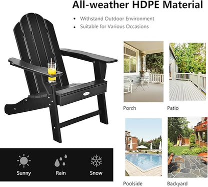 Tangkula Adirondack Chair Outdoor, Fade Resistant HDPE Armchairs with Cup Holder, Weather Resistant Lounger Chairs for Patio Garden Backyard Deck, Lawn Porch Seating, Adirondack Lounger (2, Black)