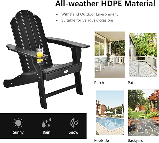 Tangkula Adirondack Chair Outdoor, Fade Resistant HDPE Armchairs with Cup Holder, Weather Resistant Lounger Chairs for Patio Garden Backyard Deck, Lawn Porch Seating, Adirondack Lounger (4, Black)