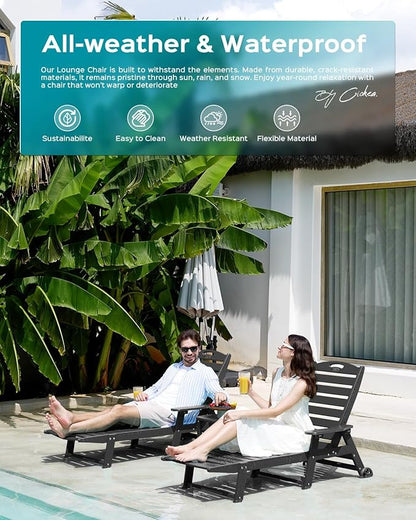 Outdoor Chaise Lounge Chair Set of 2, Patio Lounge Chairs for Outside, HDPE Lounge Chairs with Wheels & Cup Holder, Poly Lounge Chair with 5 Position for Poolside, Deck, Black
